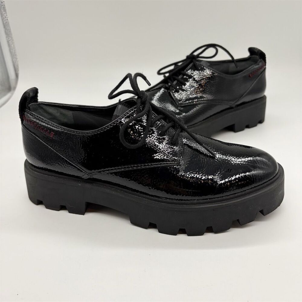 Franco Sarto Balin Oxford Size 6.5 Black Faux‎ Patent Leather Chunky Lug Sole